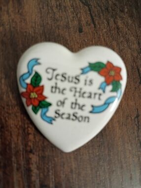 1994 Faith-Based White Heart Ornament with Red Poinsettias and Blue Ribbon